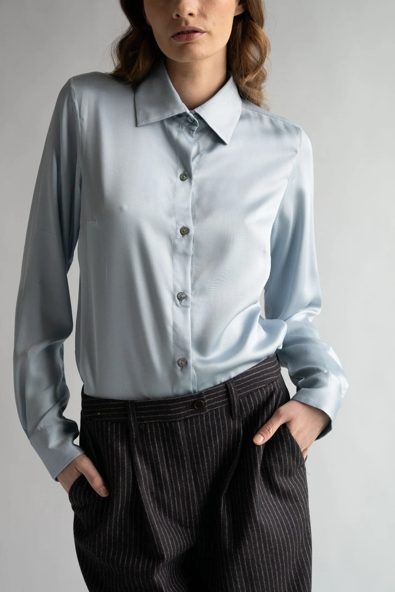 Yvette Satin TENCEL™ Very Fitted Shirt | Ice Blue